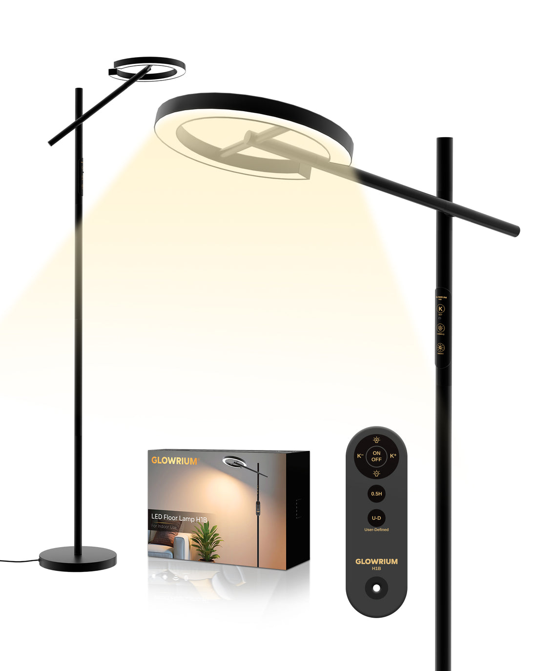 GLOWRIUM-H1B Stepless Dimmable Rotatable Reading Floor Lamp with Remote, 2700-6500K, for Living Room Bedroom Office