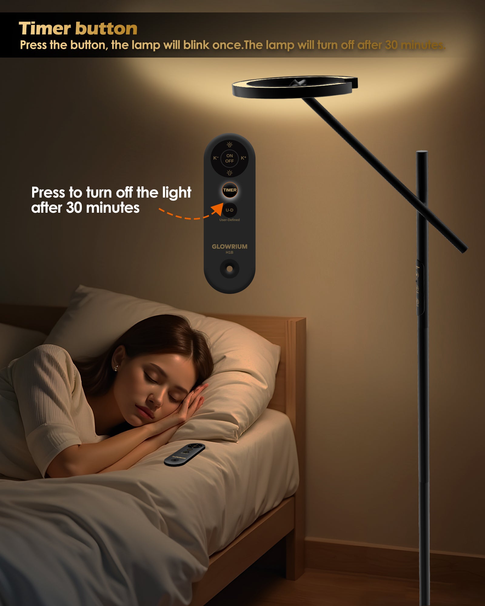 GLOWRIUM-H1B Stepless Dimmable Rotatable Reading Floor Lamp with Remote, 2700-6500K, for Living Room Bedroom Office