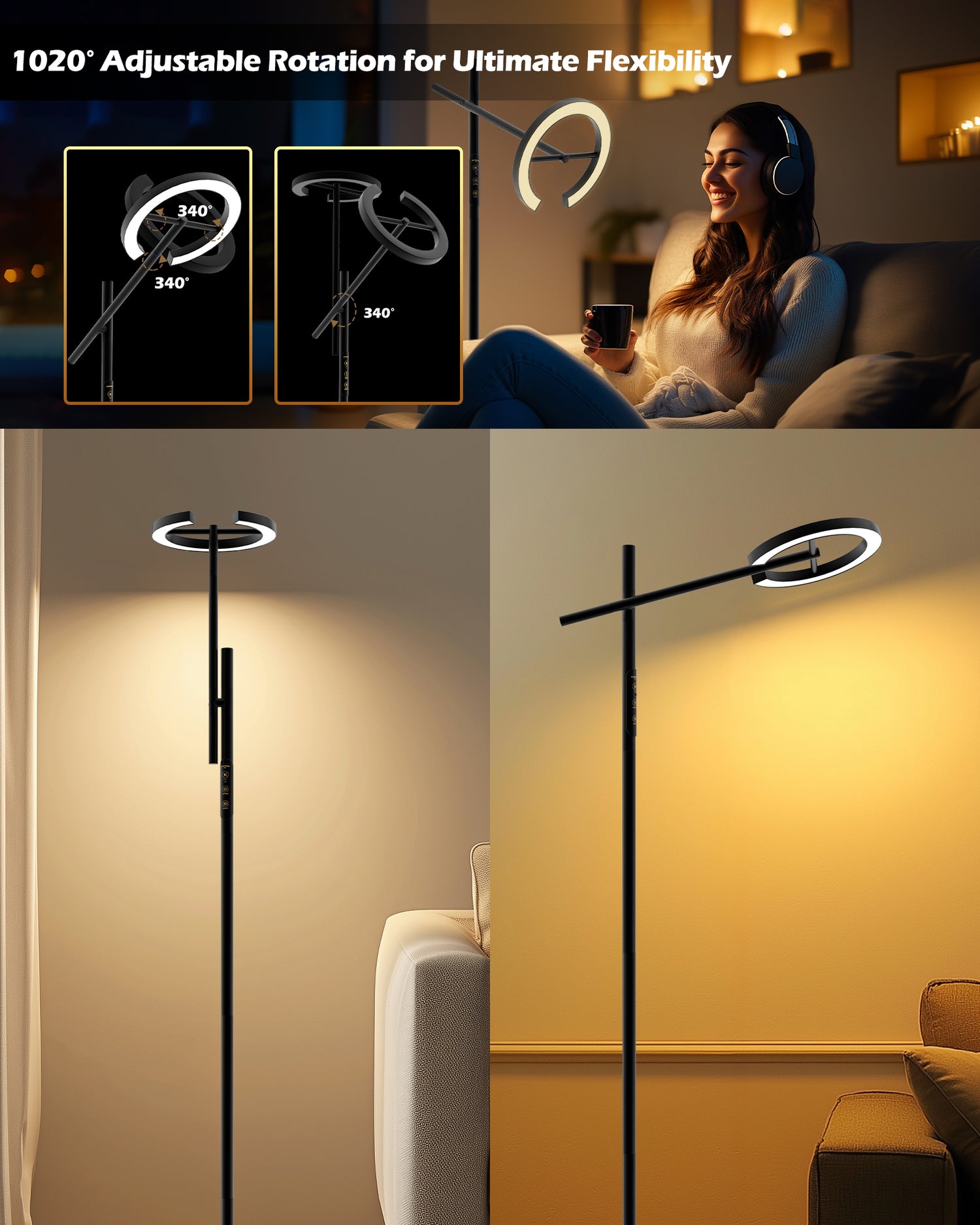 GLOWRIUM-H1B Stepless Dimmable Rotatable Reading Floor Lamp with Remote, 2700-6500K, for Living Room Bedroom Office