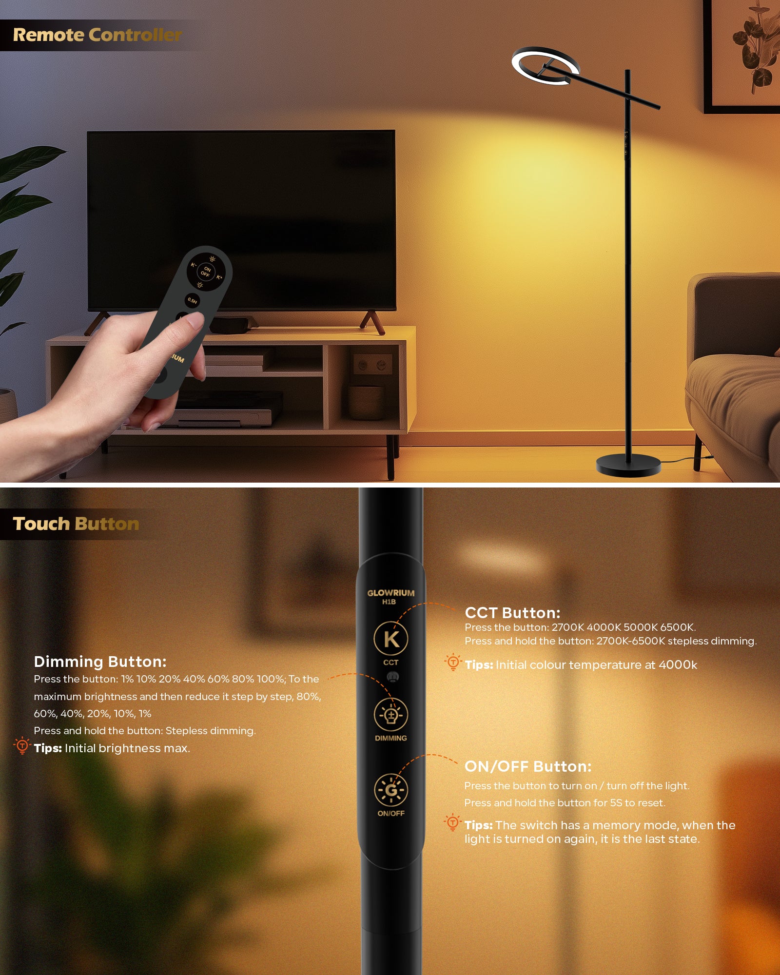 GLOWRIUM-H1B Stepless Dimmable Rotatable Reading Floor Lamp with Remote, 2700-6500K, for Living Room Bedroom Office